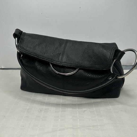 Alfani Black Pebbled Medium Shoulder Bag Fold Over Hobo with Silver Rings - Picture 1 of 10